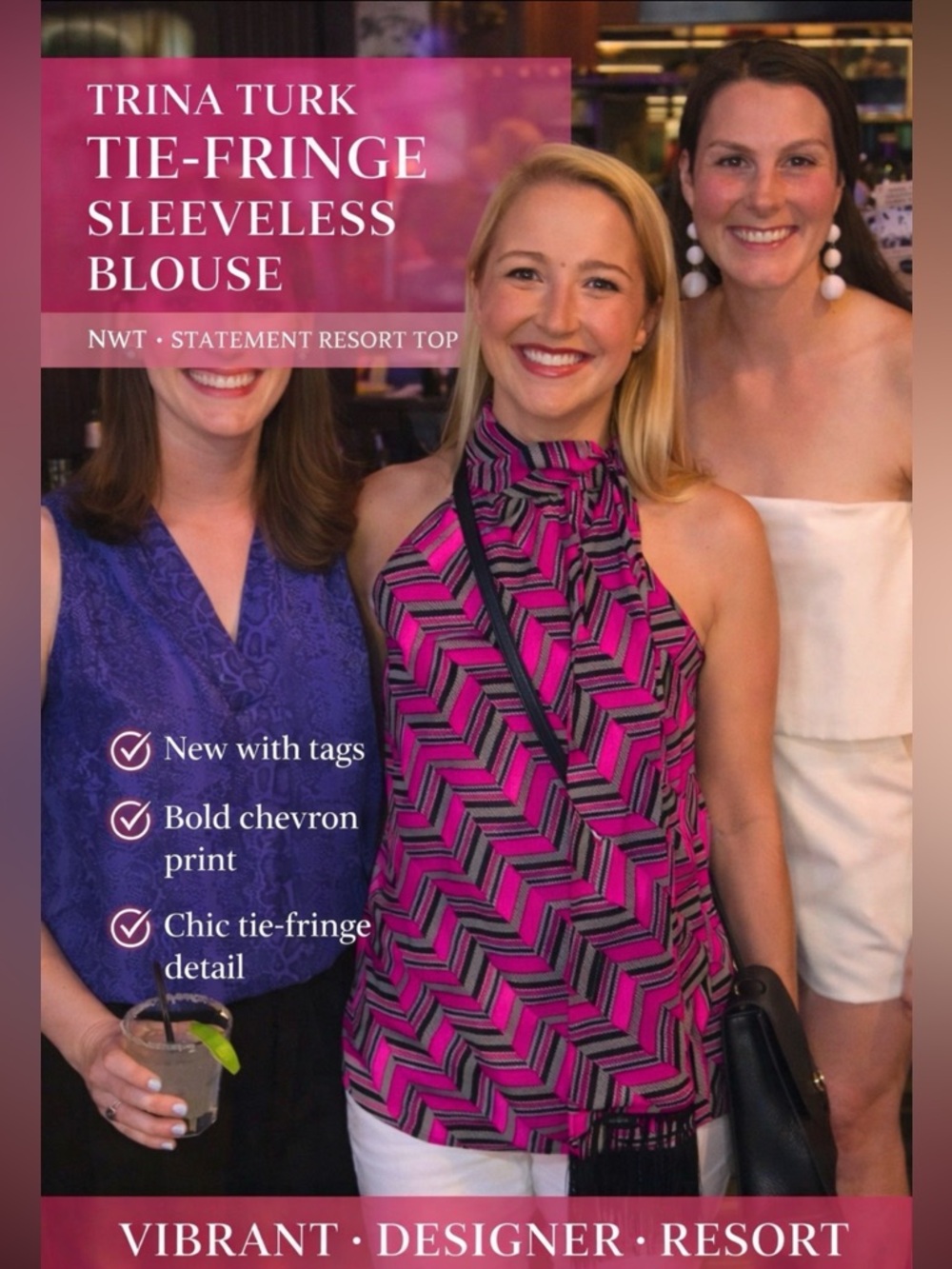 Trina Turk Tie Fringe Blouse NWT Pink Chevron Resort Statement Top